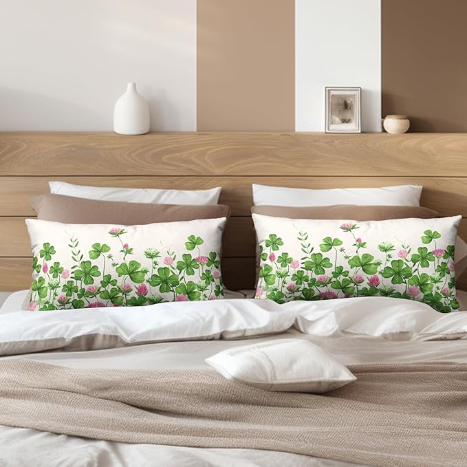 Green Shamrock St Patricks Day Lumbar Pillow Covers 12x20 Set of 2 Watercolor Lucky Clovers Floral Pillow Cover Spring St. Patrick's Day Outdoor Decorative Pillow Case for Home Couch Sofa