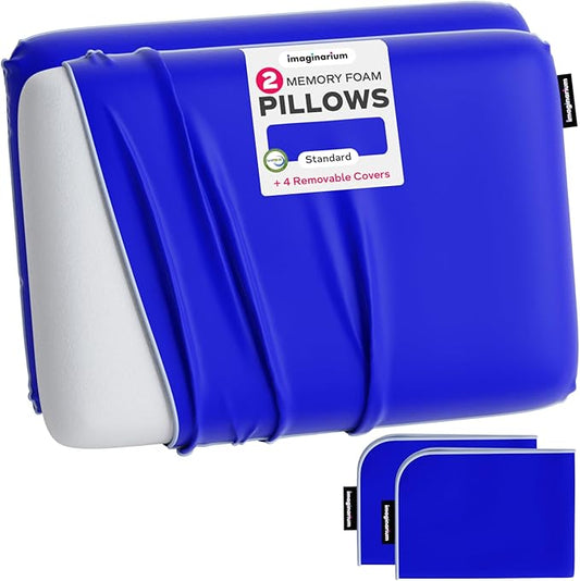 Imaginarium 2 Pack Memory Foam Pillows for Bed – 16" x 24" Standard – Fun Decorative Colorful Pillow for Sleeping – Back, Stomach & Side Sleepers – Includes 2 Extra Cooling Covers (Navy Blue)