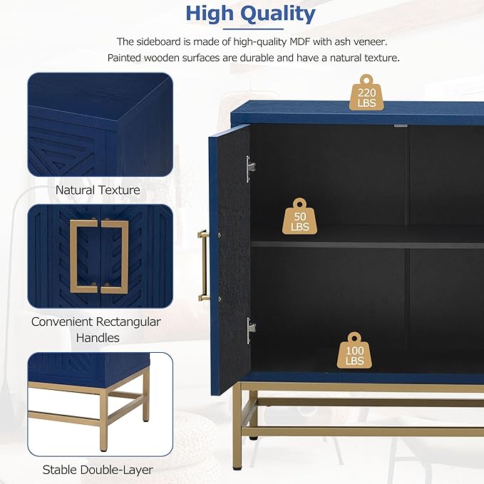 Ball & Cast 59.8" Sideboard Buffet Cabinet with Storage,Modern Coffee Bar Cabinet with 4 Doors and Adjustable Shelves,Wood Side Board Table with Gold Handles & Metal Legs for Living Room, Kitchen,Navy