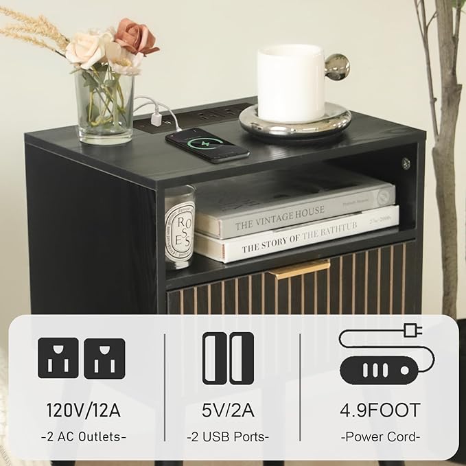 Black Nightstand with Charging Station, Mid Century Modern Bedside Table with Open Shelf and Storage Drawer, End Table with Solid Wood Legs, Black