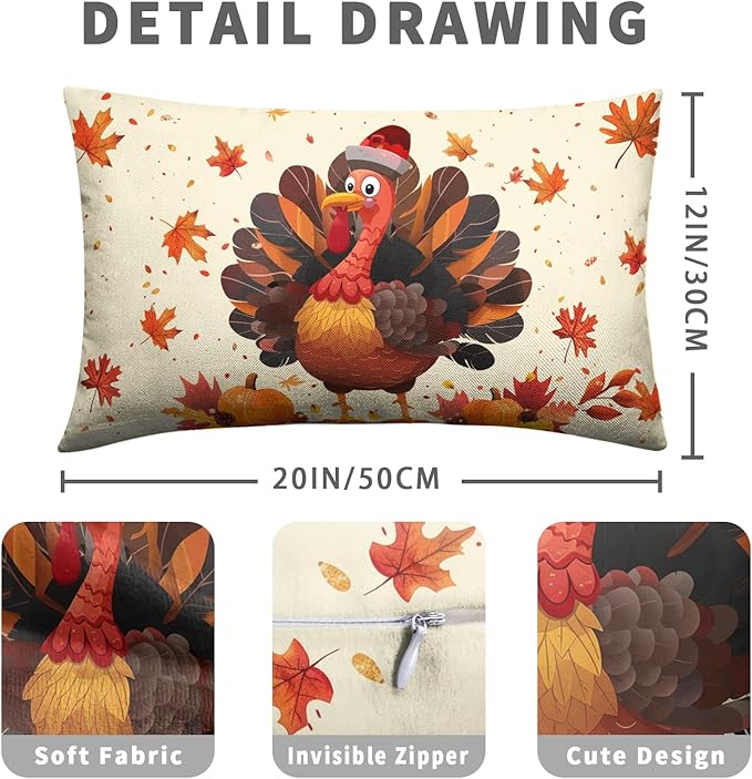 Thanksgiving Pillow Covers 12x20 Set of 2 Turkey Maple Leaves Pumpkin Lumbar Pillow Case Seasonal Fall Harvest Farmhouse Cushion Case for Outdoor Couch Patio