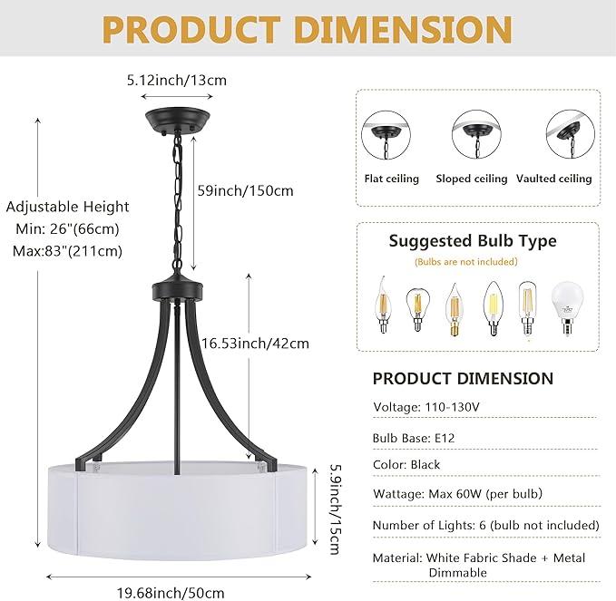 20" Modern Black Farmhouse Drum Chandeliers for Dining Room, 6-Light Rustic Drum Pendant Light with White Fabric Shade, Hanging Light Fixture for Living Room Bedroom Foyer Kitchen Island Entryway