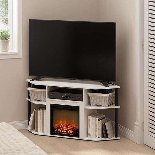 Furinno Jensen Fireplace TV Stand, Corner Entertainment Center, TV Console for TV up to 55 Inch with Fireplace, Plastic Poles and Open Storage, for Living Room, Bedroom, Solid White