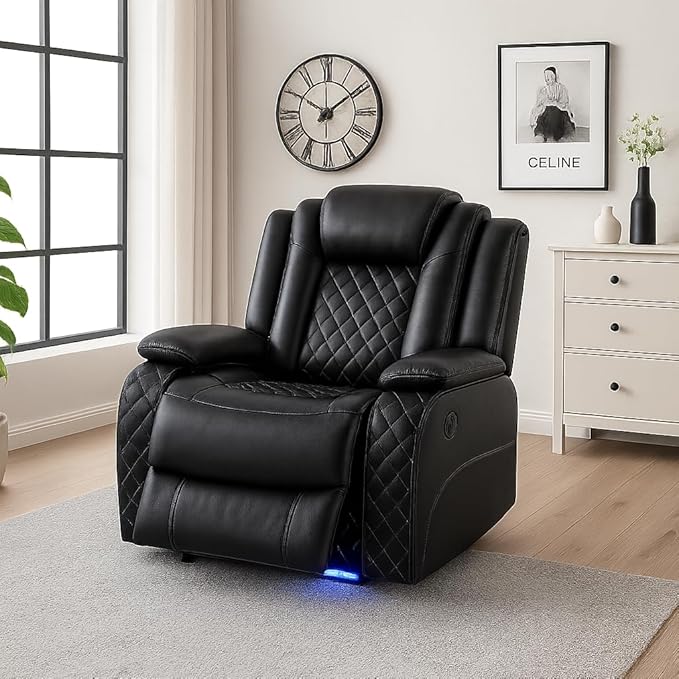 Power Recliner Chair with LED Lights & USB-C Port, Black Leather Electric Lounge Chair
