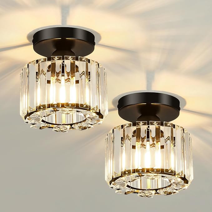 2 Pack Small Crystal Semi Flush Mount Ceiling Light Fixture Modern Black Mini Round Chandelier Metal E26 Ceiling Lamp for Hallway Bathroom Entryway Kitchen Closet
