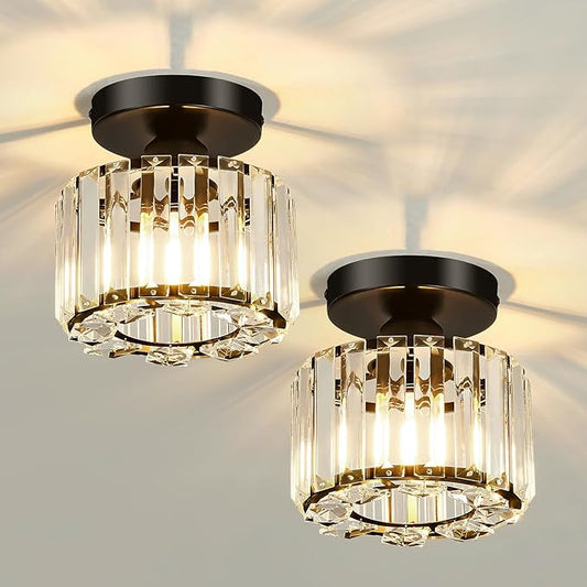 2 Pack Small Crystal Semi Flush Mount Ceiling Light Fixture Modern Black Mini Round Chandelier Metal E26 Ceiling Lamp for Hallway Bathroom Entryway Kitchen Closet