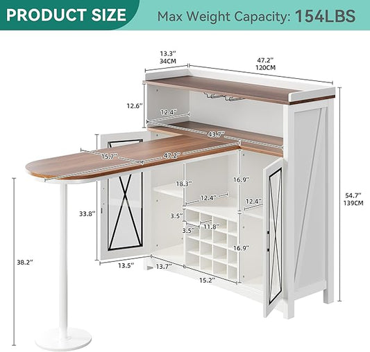YITAHOME Mini Home Bar Unit with Wine Bar Cabinet & LED Light, Tall Height Large Bar Table with Wine Rack, Farmhouse Coffee Cabinet with Storage Glasses Hanger Footrest for Home Kitchen Pub, White