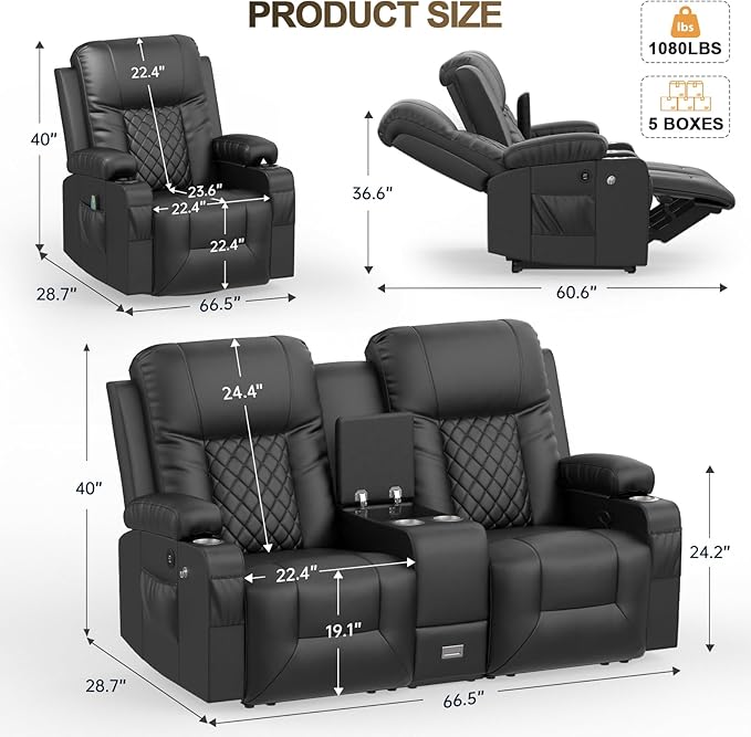 YONISEE Living Room Furniture Set, Loveseat Recliner and 2PC Massage Recliner Chair, Luxury Reclining Sofa 3PC Set for Living Room (2+1+1)