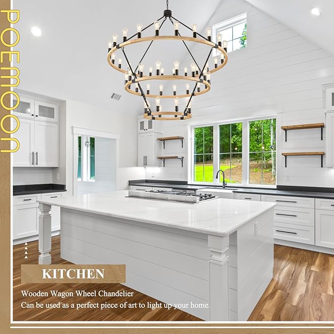 48 Lights 3 Tier Extra Large Wooden Wagon Wheel Chandelier Natural Farmhouse 63'' High Ceiling Black Rustic Round Wood Pendant Light Fixture for Living Room Foyer Villa Staircases
