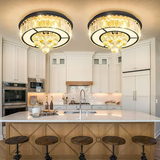11.8'' Black Modern Crystal Chandeliers for Dining Room LED Dimmable Light Fixtures Flush Mount Light Living Room Bedrooms
