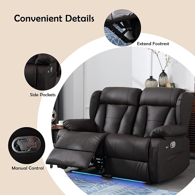 59" Loveseat Recliner Sofa, Manual Reclining Double Loveseat with USB-A & USB-C Ports/LED Lights, RV Couch for Living Room & Home Theater with Cup Holders/Side Pockets (Brown with LED)