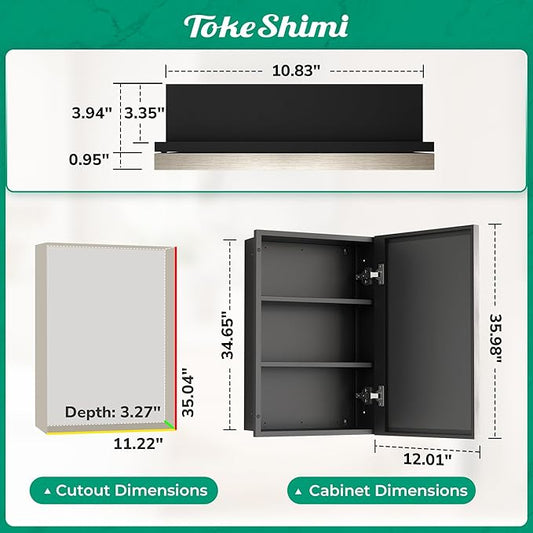TokeShimi 12x36 Recessed Medicine Cabinet with Mirror Surface Mount, Bathroom Beveled Mirror with Storage Adjustable, Aluminum Framed Metal Brushed Nickel Medicine Cabinet Mirrored