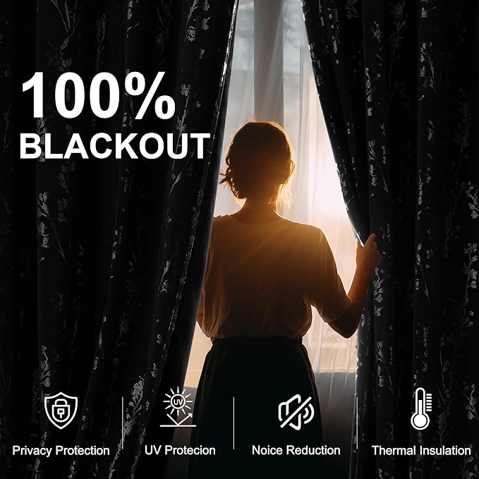 NICETOWN 100% Blackout Curtains 84 inches Long, Grommet Floral Branch Curtains Foil Printed Window Treatments Thermal Curtains for Bedroom/Living Room, Grey, W52 x L84, 2 Panels