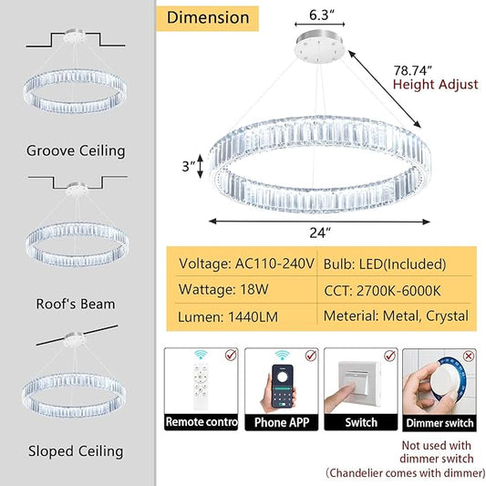24'' Modern Ring Chandelier Crystal Chandeliers for Dining Room Round LED Dimmable Ceiling Light Fixture for Living Room Bedroom Lighting Silver