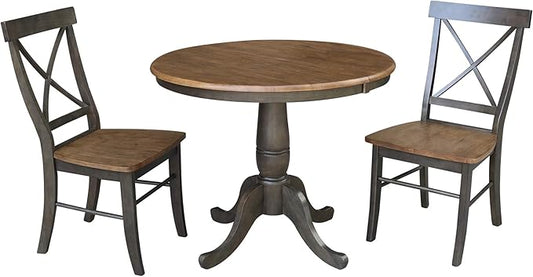 IC INTERNATIONAL CONCEPTS 36" Round Wood Extension Dining Table with 2 Chairs in Hickory/Washed Coal