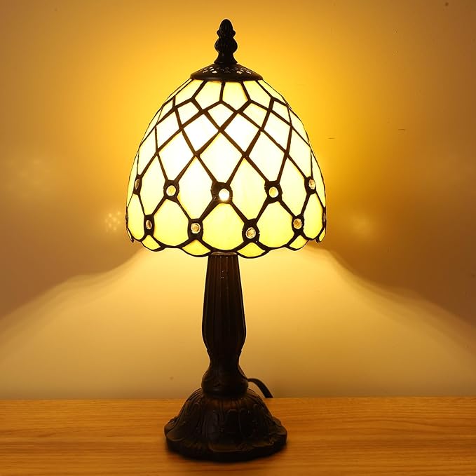 Small Tiffany Style Table Lamp,3 Color Temperature Beads Light Gold Stained Glass Table Lamps for Living Dining Room,Bedroom,Bedside Nightstand Night Light+LED E12 Bulb,6X6X13Inch