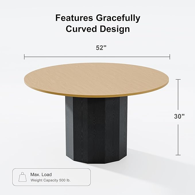 Modern Round Dining Table for 6 People, Casaphoria 52 Inch Wood Top & Black Base, Two-Tone Design for Dining Room
