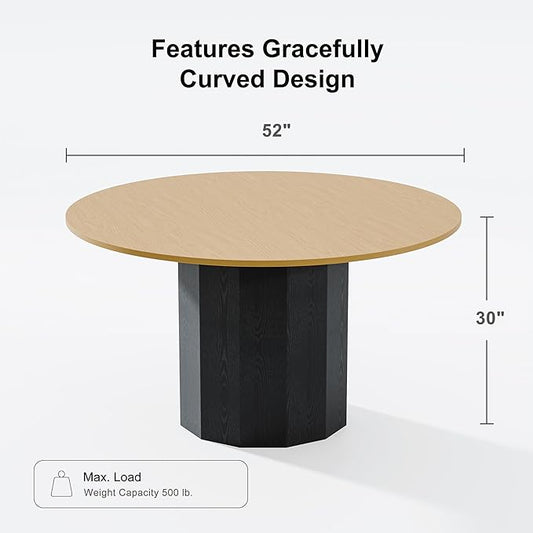 Modern Round Dining Table for 6 People, Casaphoria 52 Inch Wood Top & Black Base, Two-Tone Design for Dining Room