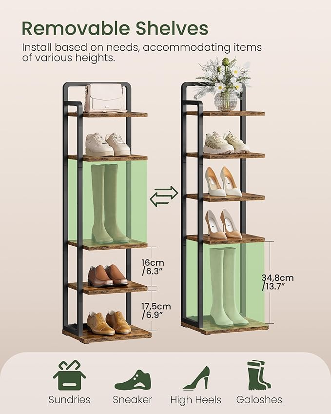 6-Tier Vertical Shoe Rack, Narrow Shoe Tower, Corner Shoe Storage Organizer, Shoe Shelf, for Small Spaces, Industrial Style, for Entryway, Hallway, Living Room, Rustic Brown and Black TXJ06BF