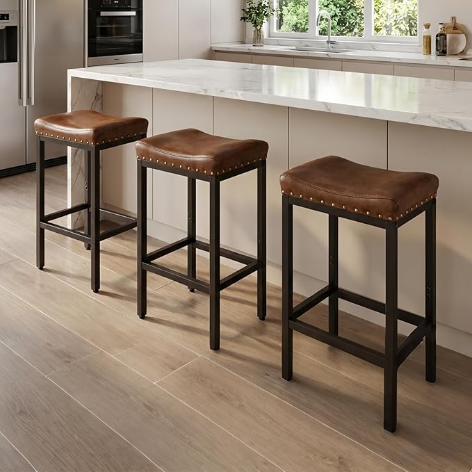 Counter Height Bar Stools Set of 2,30 Inch, Industrial Vintage Bar Stool with Nailhead, Faux Leather Barstool with Footrest, Saddle Stool for Kitchen Island, Dining Room, Easy Assembly