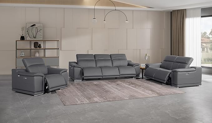 BlackJack Furniture Venice Top Grain Italian Leather 6 Power Recliner Seaters 3 Piece Sofa Set with Adjustable Headrests Modern Seating Sofa, Loveseat and Chair for Living Room Lounge, Dark Grey