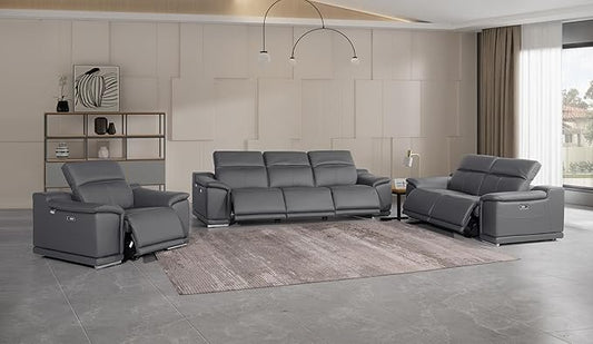 BlackJack Furniture Venice Top Grain Italian Leather 6 Power Recliner Seaters 3 Piece Sofa Set with Adjustable Headrests Modern Seating Sofa, Loveseat and Chair for Living Room Lounge, Dark Grey
