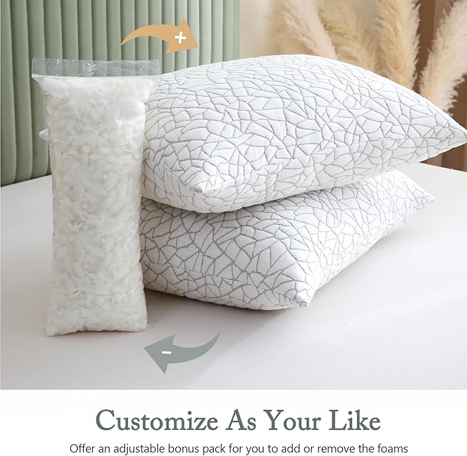 BPC Premium Rayon Derived from Bamboo Firm Pillows Queen Size Set of 2 - Hypoallergenic Shredded Memory Foam Pillows with Removable Cover Bed Pillows for Side Stomach and Back Sleepers, CertiPUR-US