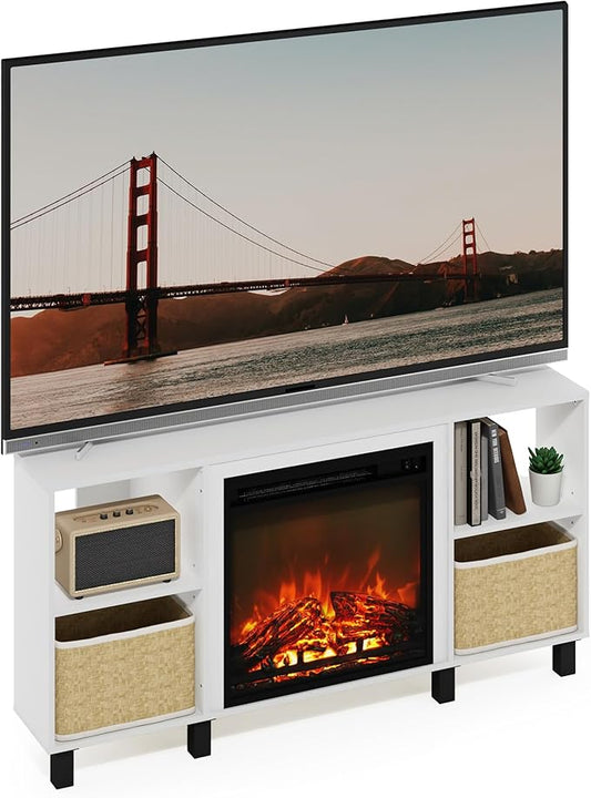 Furinno Jensen Corner Fireplace TV Stand with 4 Open Compartments for TV up to 55 Inches, Solid White