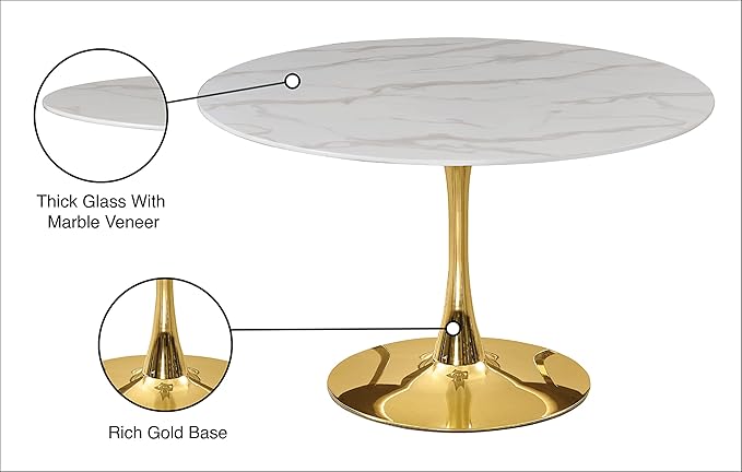 Meridian Furniture 975-T Holly Collection Modern | Contemporary Round Dining Table with Faux Marble Table Top and Rich Gold Base, 48" W x 48" D x 29.5" H