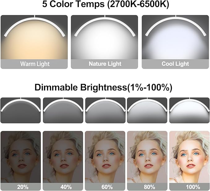 AURELLE Half Moon Lash Light - Adjustable LED Floor Lash Lamp with 4X Magnifier & Phone Holder for Eyelash Extensions,Nail Art,Tattoo,Skincare,Salon SPA-Dimmable Brightness,Rotating Head, White