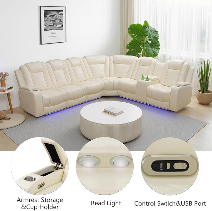 Power Recliner Sectional Sofa with LED Light, Breathing Leather Recliner Sofa Couch with USB Port/Cup Holder/Storage for Living Room (6 Seat Reclining Sectional Couch, Cream White)