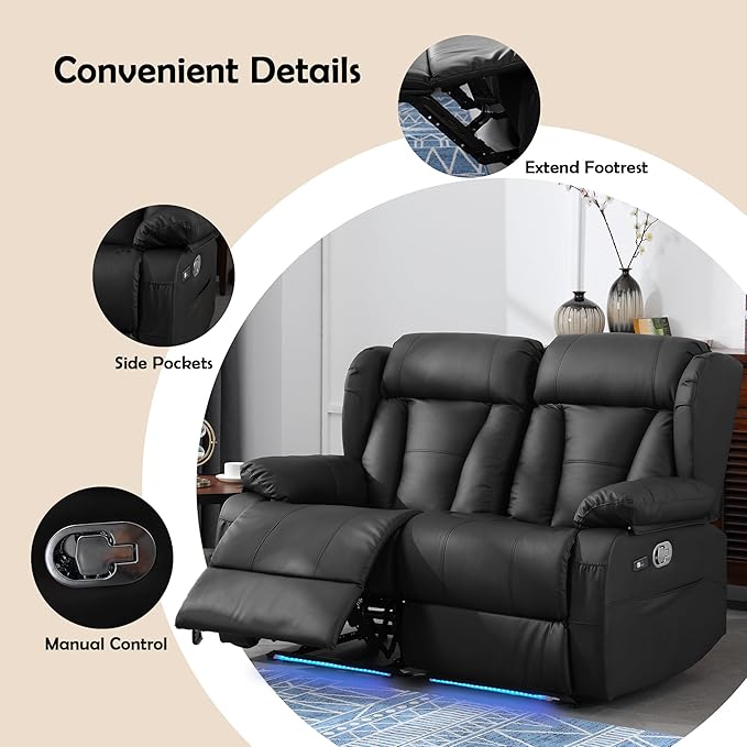 59" Loveseat Recliner Sofa, Manual Reclining Double Loveseat with USB-A & USB-C Ports/LED Lights, RV Couch for Living Room & Home Theater with Cup Holders/Side Pockets (Black with LED)
