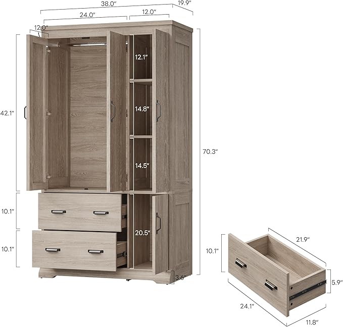 LIKIMIO Wardrobe Closet, 70" Tall 4 Doors Large Wooden Closet with 2 Drawers, 3 Shelves Bedroom Armoire with Hanging Rod, Freestanding Storage Cabinet for Hanging Clothes, Light Oak