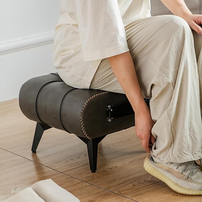 Small Footstool Ottoman - Stylish and Functional Faux Leather Footrest for Extra Seating in Living Room, Entryway, or Office