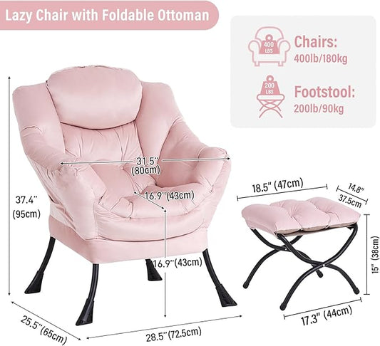 Lazy Chair with Ottoman, Modern Chair with Folding Footrest, Velvet Pink Accent Chair, Comfortable Reading Chair, Oversized Armchairs for Bedroom, Study, Living Room, Courtyard