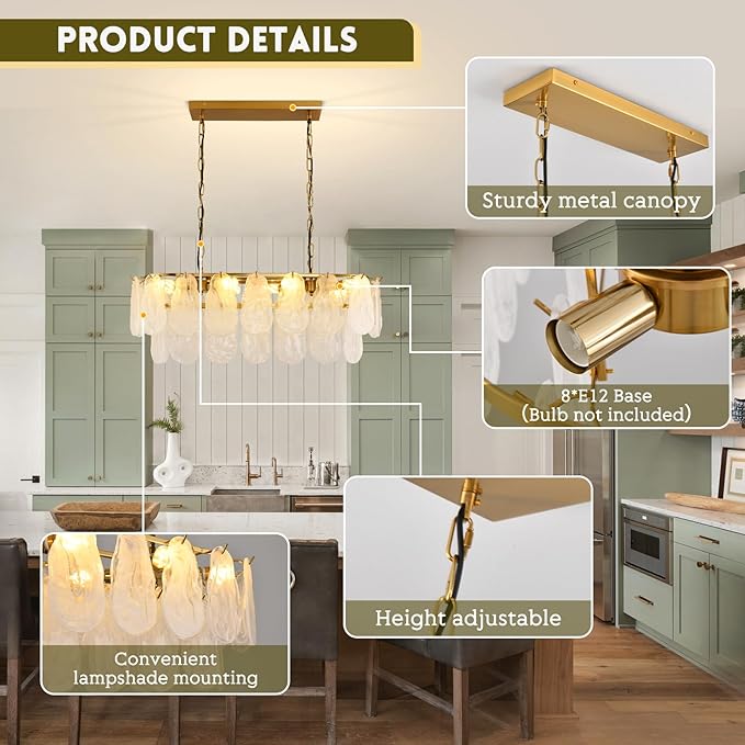 Gold Rectangle Chandeliers for Dining Room Modern Island Light Crystal Cloud Glass 8-Light Chandelier 2 Tier Rectangular Linear Pendant Hanging Ceiling Light Fixture for Kitchen L31.5” (E12)