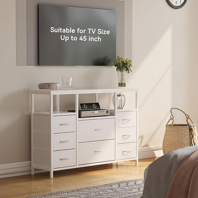 8-Drawer Fabric Dresser TV Stand - Sturdy Steel Frame & Wood Top Chest of Drawers, Lightweight Storage Organizer for Bedroom, Closet, Entryway (White)