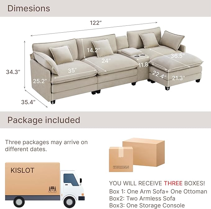 122" Oversized Modular Sectional Sofa with Storage Console,L-Shaped Cloud Couch with Movable Ottoman,Deep Seat,Thick Cushions, Multi Functional Console with USB & 2 Cup Holder,Sofa Set for Living Room | Wood Frame