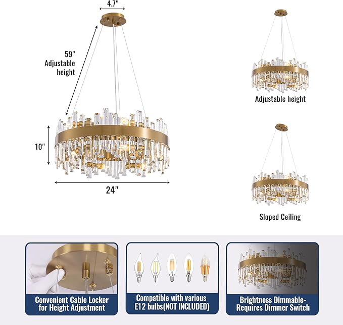 Gold Crystal Chandelier for Dining Room, 12-Light Modern Chandelier, 23.6-inch K9 Crystal Raindrop Ceiling Light, Luxury Flush Mount Light Fixture for Kitchen Living Room Entryway Bedroom
