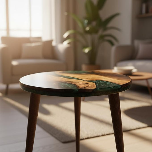20" Resin Walnut Round Side Table | Epoxy End Table | Coffee Table | Mid Century Modern Resin Walnut | Living Room Furniture | Green Color