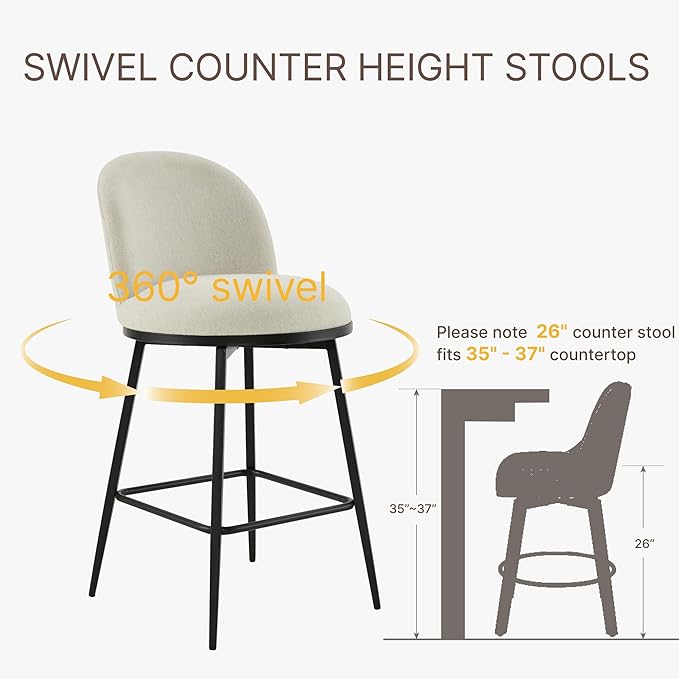 Swivel Bar Stools Set of 4, 26" H Upholstered Linen Fabric Barstools with Backs,Counter Height Stools with Metal Legs for Kitchen Island,Linen,2 Box