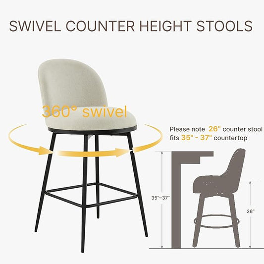 Swivel Bar Stools Set of 4, 26" H Upholstered Linen Fabric Barstools with Backs,Counter Height Stools with Metal Legs for Kitchen Island,Linen,2 Box