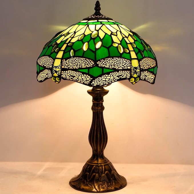 WERFACTORY Tiffany Lamp Green Stained Glass Bedside Table Lamp Dragonfly Style Desk Reading Light 12X12X18 Inches Decor Bedroom Living Room Home Office S459 Series