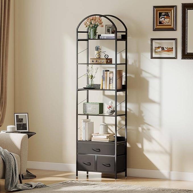 Tall Narrow Bookshelf with 3 Drawers, Arched Bookcase with 4 Legs, 84 inches 5 Tier Skinny Book Shelves with LED Lignts for Living Room, Office, Black