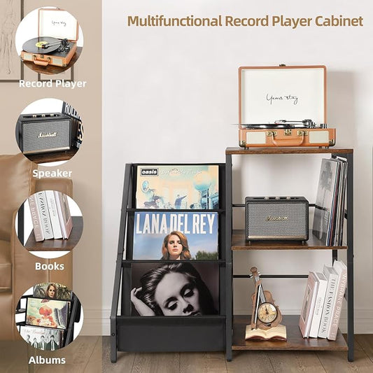Bikoney Record Player Stand, Turntable Stand with 3-Tier Vinyl Record Storage, Record Player Table Holds Up to 200 Albums, End Table for Vinyl Records, Vinyl Record Holder Cabinet for Living Room