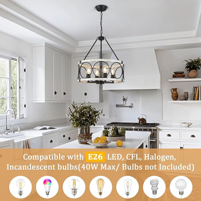 Farmhouse Chandelier for Dining Room 4 Light, 17.71" Round Farmhouse Light Fixture, Rustic Kitchen Lighting Fixtures Hanging Drum Chandeliers for Entryway Foyer Bedroom-Black & White Oak