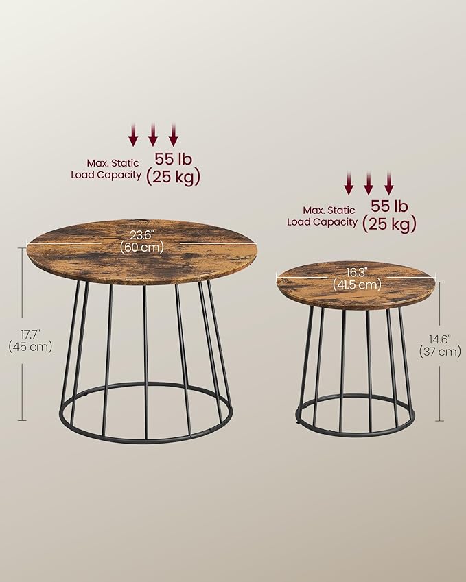 VASAGLE Round Coffee Tables, Set of 2, Modern Circle Side Tables with Steel Frame, for Living Room, Bedroom, Rustic Brown ULCT045K01