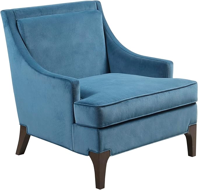 Martha Stewart Anna Upholstered Accent Chair, Removable Lumbar Pillow Support, Square Arm, Jacqard Fabric, Chic Modern Wide Cushion Seat Bedroom Lounge Comfy, Blue, 30.75" W x 32.25" D x 32.5" H