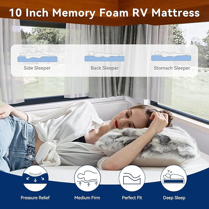 RV Mattress Short Queen, 10 Inch Cooling Green Tea Gel Memory Foam Camper Mattresses Fiberglass Free Medium Firm Bed-Mattress in a Box, Made in USA, CertiPUR-US Certified Safe Foams & Fabric, 75"×60"