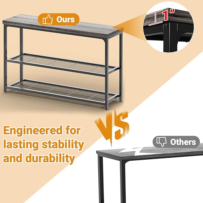 47" Console Table with Storage, 3-Tier Narrow Entryway Table, Sofa Table with Mesh Shelves, Console Tables for Living Room, Bedroom, Hallway, Entryway, Foyer, Oak Grey